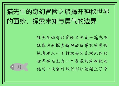 猫先生的奇幻冒险之旅揭开神秘世界的面纱，探索未知与勇气的边界