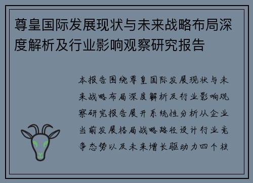 尊皇国际发展现状与未来战略布局深度解析及行业影响观察研究报告